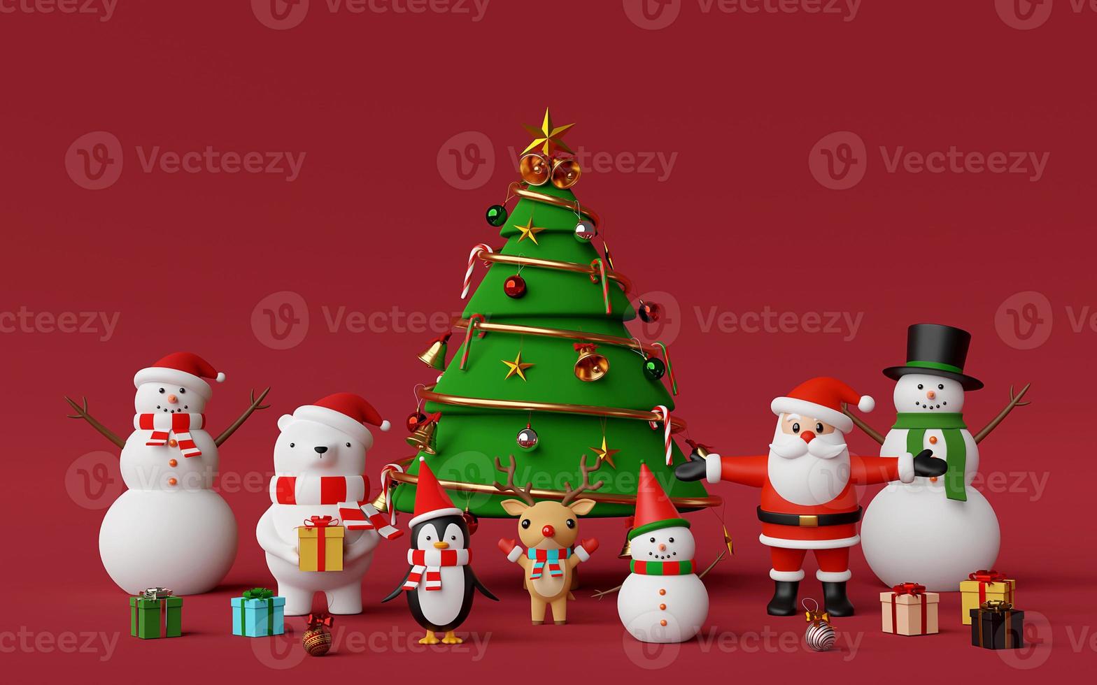 Frohe Weihnachten und ein glückliches neues Jahr, Weihnachtsbaum mit süßem Weihnachtscharakter auf rotem Hintergrund, 3D-Rendering foto