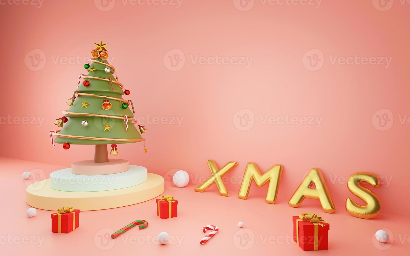 Frohe Weihnachten und ein glückliches neues Jahr, Weihnachtsbaum auf dem Podium mit Weihnachtsballon und Weihnachtsschmuck auf rosa Hintergrund, 3D-Rendering foto