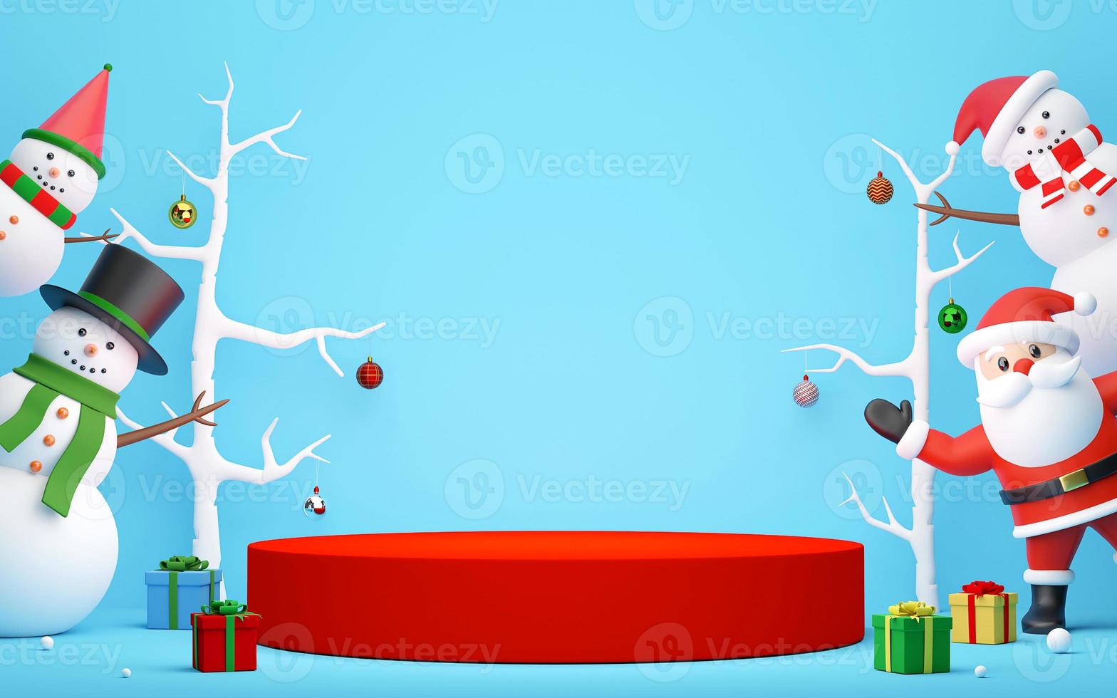 Frohe Weihnachten und ein glückliches neues Jahr, Podium mit Weihnachtsmann und Schneemann auf blauem Hintergrund, 3D-Rendering foto