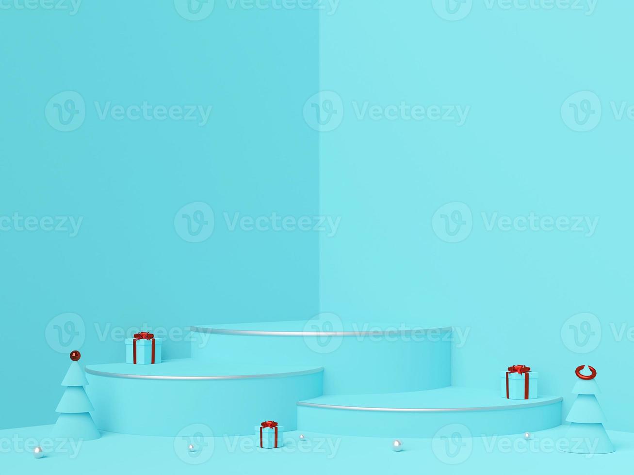 Frohe Weihnachten und ein glückliches neues Jahr, Szene von Weihnachtsschmuck und Podium für Produktwerbung, 3D-Rendering foto