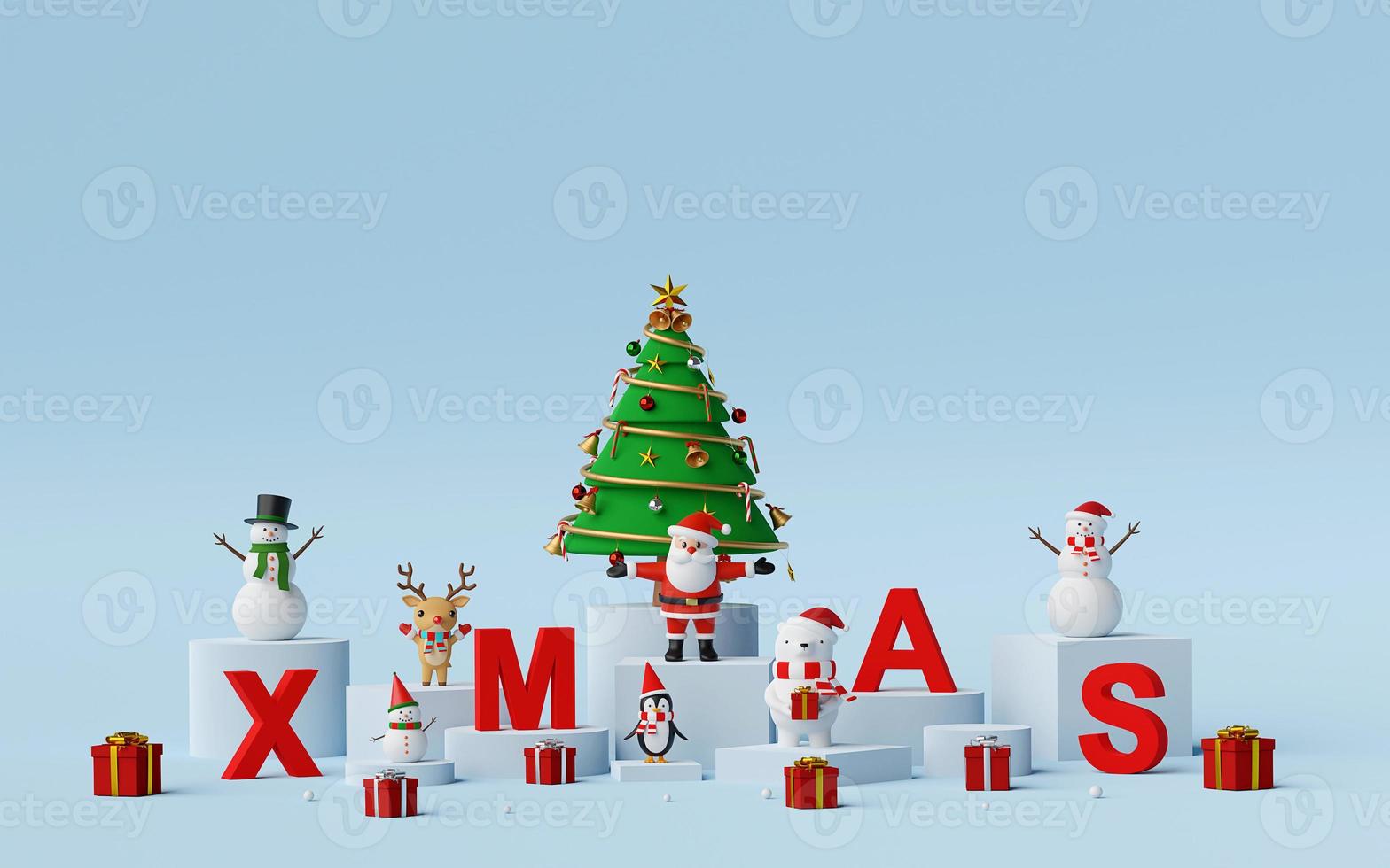 Frohe Weihnachten und ein glückliches neues Jahr, Weihnachtsmann und Weihnachtsfigur mit Buchstaben Weihnachten, 3D-Rendering foto