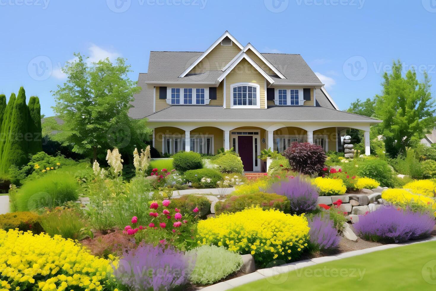 ai generiert klassisch zweistöckig Haus mit Blume Garten beim sonnig Sommer- Tag - - amerikanisch Traum Stil, neural Netzwerk generiert Bild foto