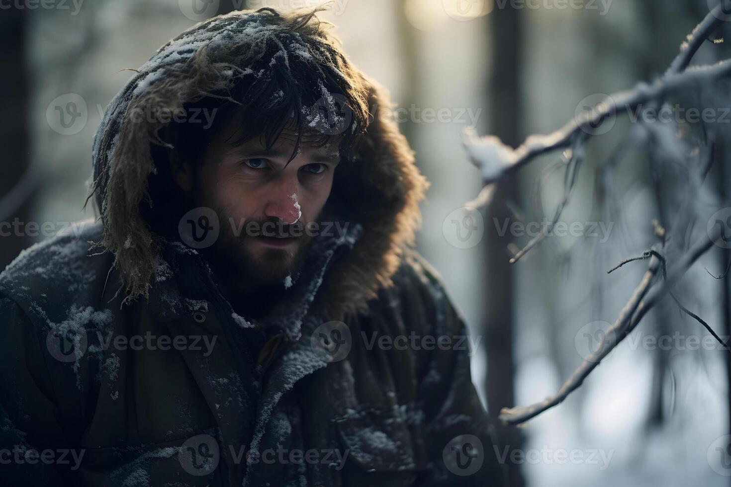 ai generiert jung Erwachsene kaukasisch Mann im Winter Wald beim Abend, neural Netzwerk generiert fotorealistisch Bild foto