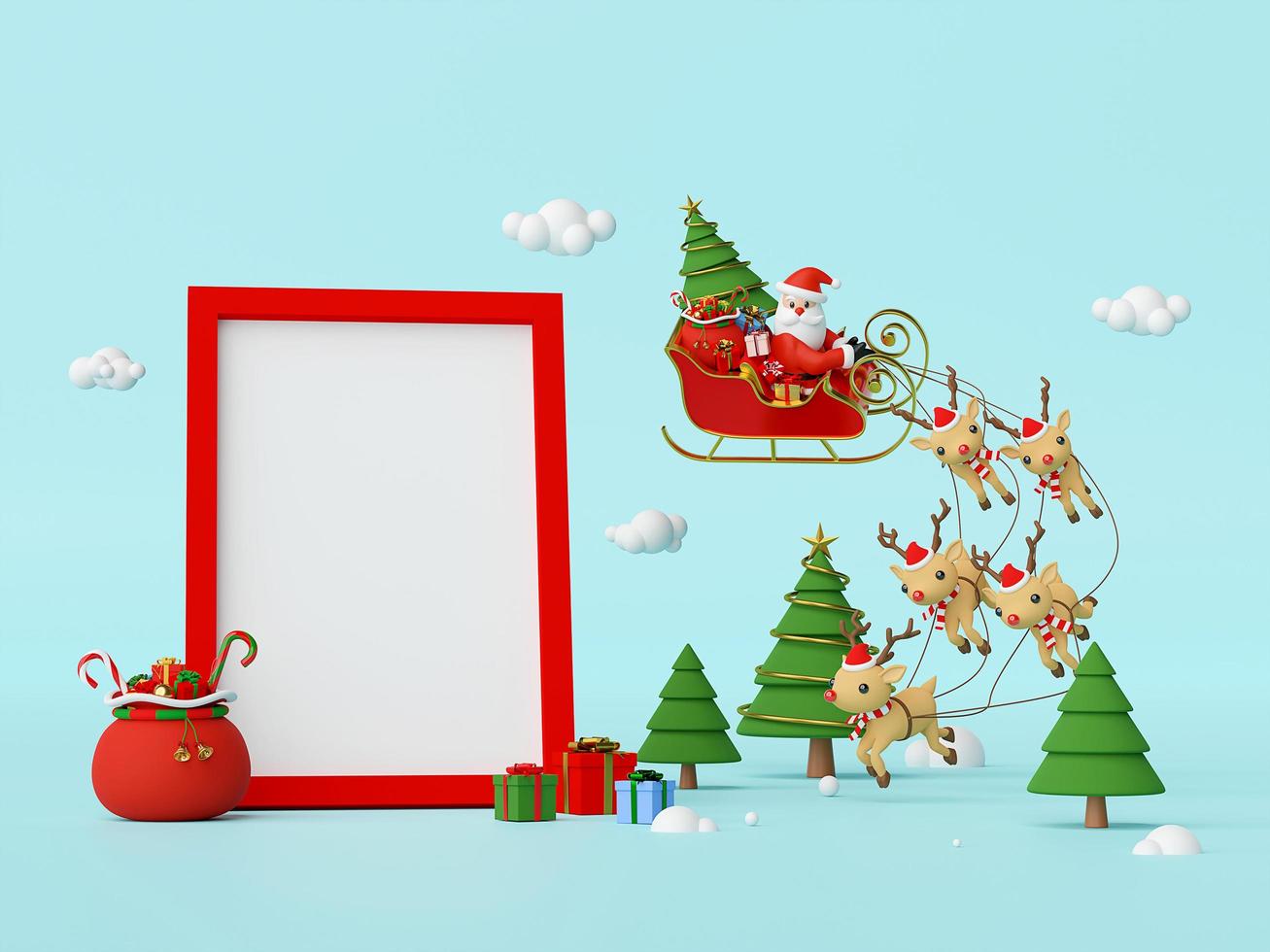 Szene des Weihnachtsmanns auf einem Schlitten voller Weihnachtsgeschenke und gezogen von Rentieren mit Leerzeichen im Rahmen, 3D-Rendering foto