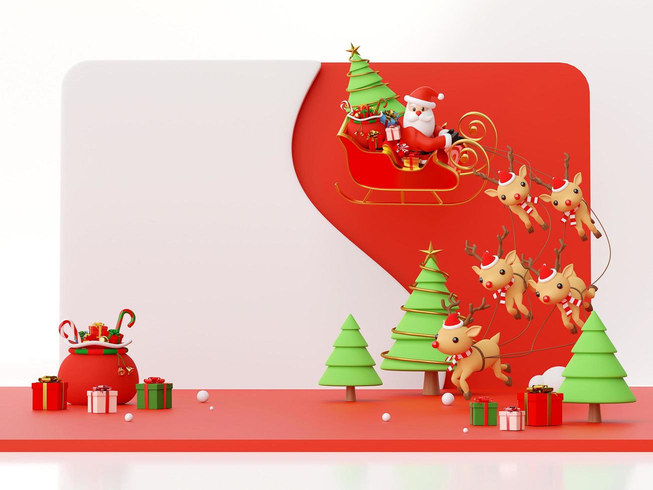 Szene des Weihnachtsmannes auf einem Schlitten voller Weihnachtsgeschenke und gezogen von Rentieren, 3D-Rendering foto