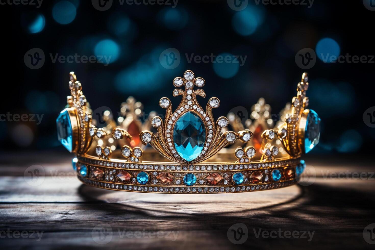 ai generiert ein Blau Diamant Krone auf Holz Tabelle Bokeh Stil Hintergrund mit generiert ai foto