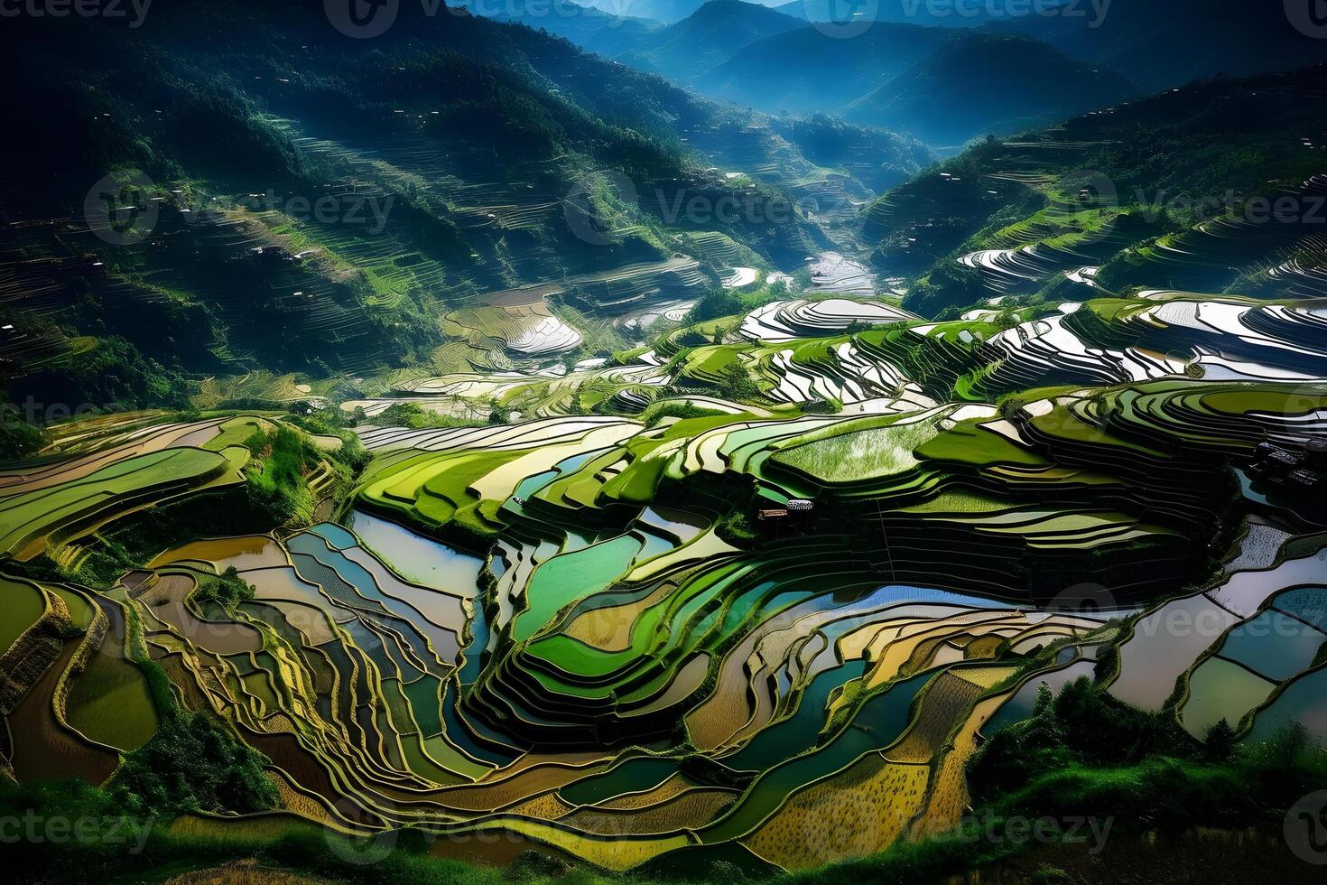 Reis Felder auf terrassiert von mu cang Tschai, yenbai, Vietnam. Reis Felder bereiten das Ernte beim Nordwest vietnam.vietnam Landschaften. neural Netzwerk ai generiert foto