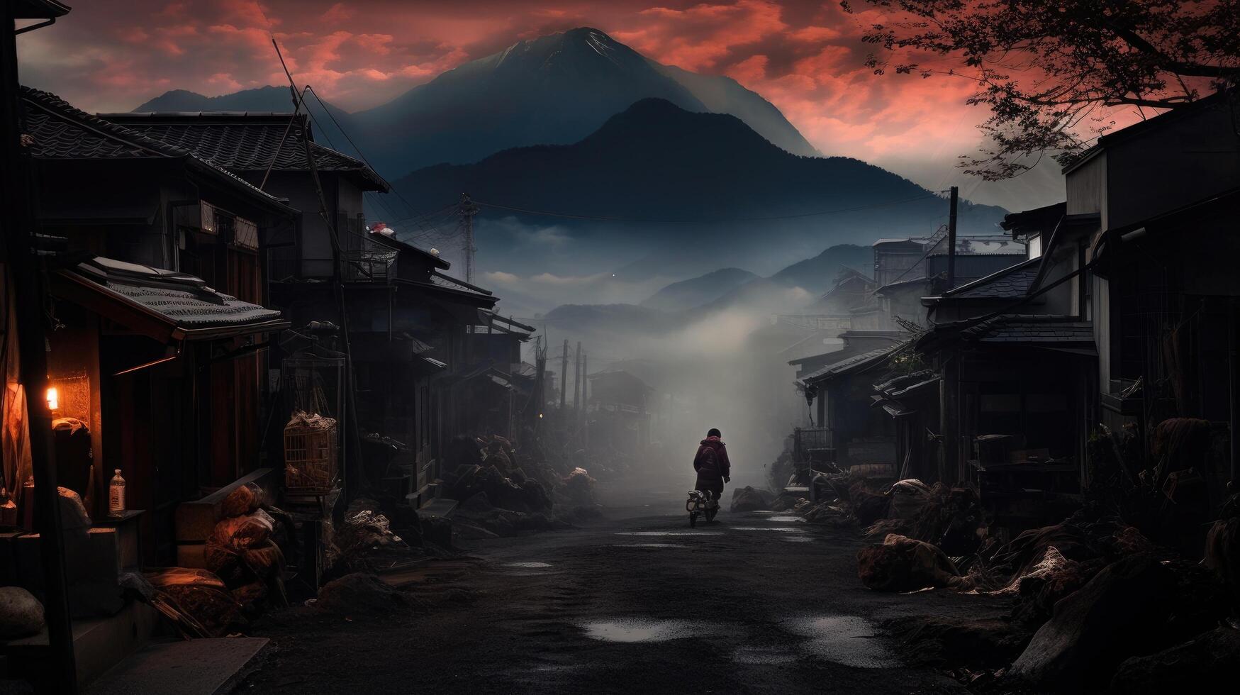 ein Samurai steht im das Gasse von ein alt Haus im das Kicho Senke beim Nacht.generiert mit ai foto