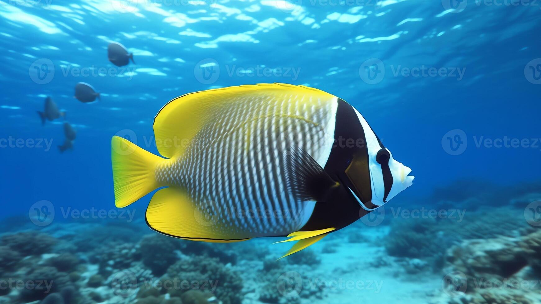 ai generativ geschwärzt Falterfisch Schwimmen unter Wasser auf ein tropisch Koralle Riff foto