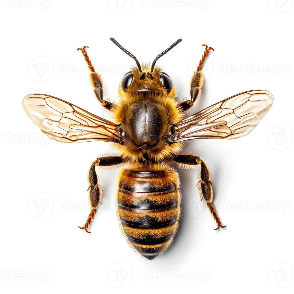 ai generativ Nahansicht Detail von ein Gelb Sonnenblume hellanthus annuus Honig Biene apis Sammeln Pollen im Garten auf Weiß Hintergrund foto