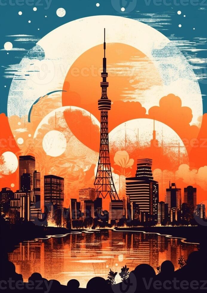 ai generativ Tokyo Japan Oktober 312019 Tokyo Stadt Horizont Aussicht und rot Turm Gebäude beim Japan mit Sonnenuntergang und bunt Himmel schön von Wolke und Himmel im Dämmerung und Dämmerung foto