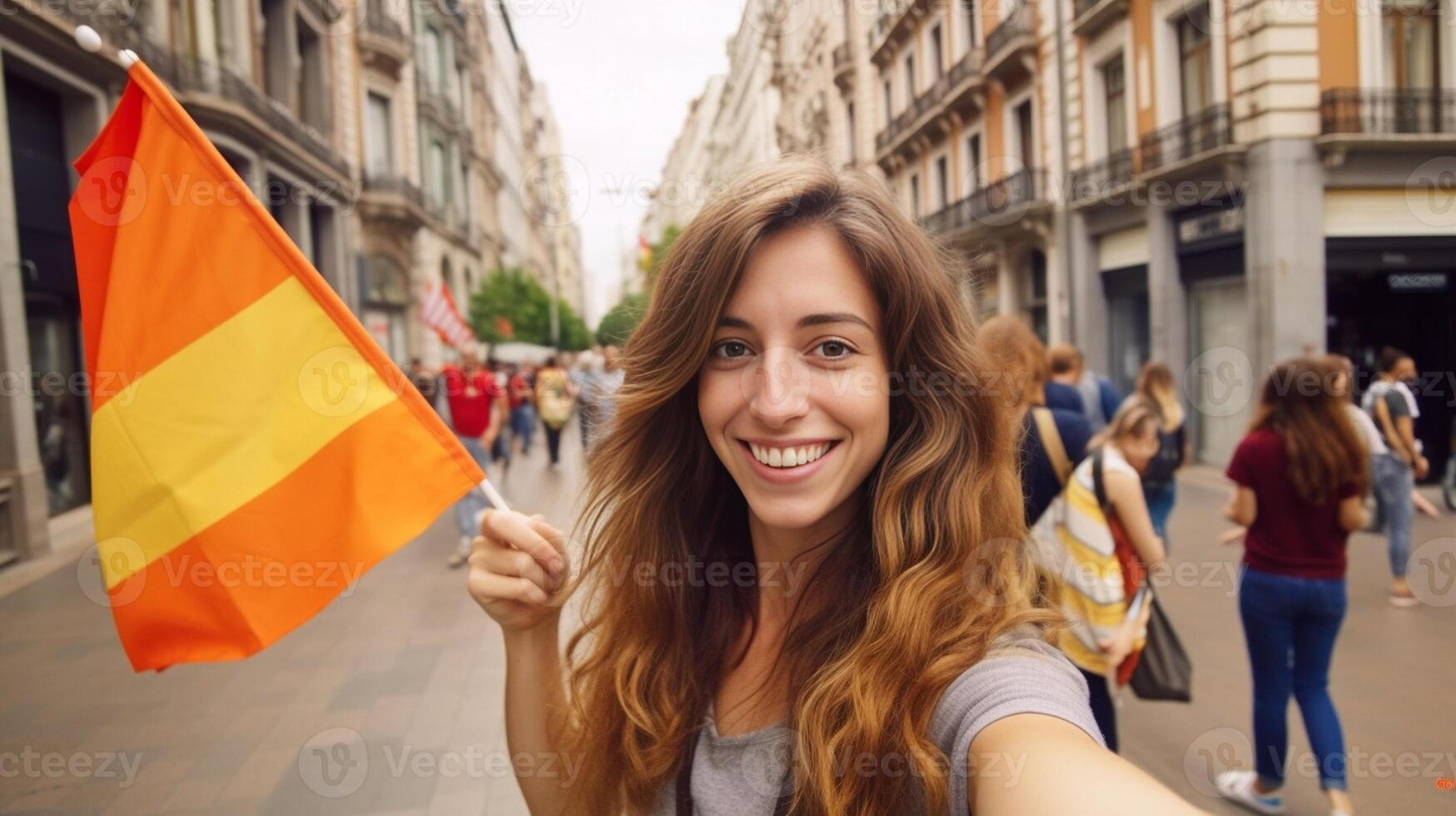 ai generativ schön weiblich Tourist nehmen Selfie beim puerta de alcala im Madrid Spanien glücklich jung Frau haben Spaß auf europäisch Stadt Straße Mädchen lächelnd beim Kamera draußen foto