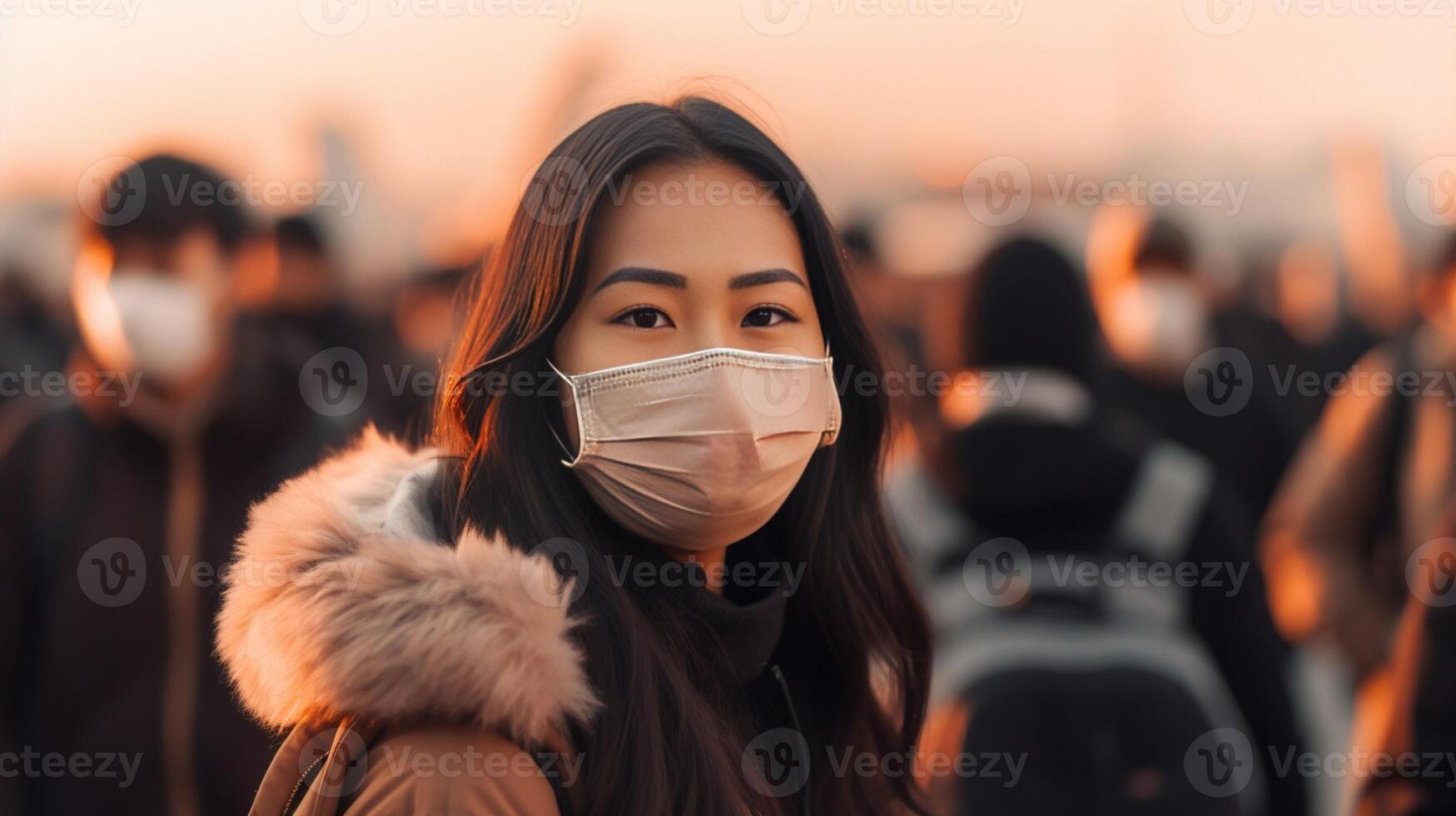 ai generativ schön Frau tragen Gesicht Maske nehmen ein Selfie beim das Flughafen Menschen Ferien und Coronavirus Konzept foto