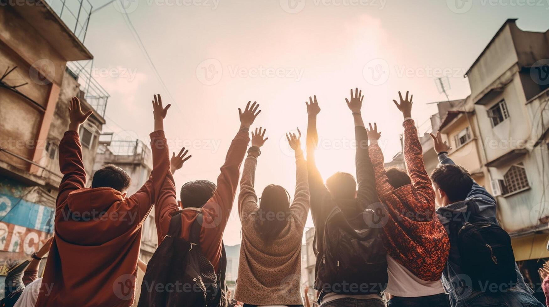 ai generativ groß Gruppe von glücklich freunde steht zusammen auf Stadt Straße mit angehoben Waffen gemischtrassig jung Menschen haben Spaß draußen Freiwillige mit Hände oben zeigen Zusammenarbeit Geist Gemeinschaft foto