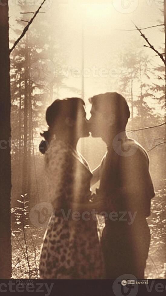 ai generativ Paar im Liebe küssen auf Sonnenuntergang Freund und Freundin umarmen draussen zwei Liebhaber haben romantisch Datum schwarz und Weiß Filter Liebe Hintergrund Konzept foto