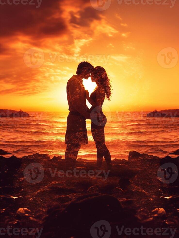 ai generativ Paar im Liebe küssen auf Sonnenuntergang Freund und Freundin umarmen draußen zwei Liebhaber haben romantisch Datum Liebe Hintergründe Konzept foto