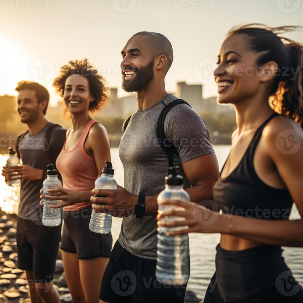 ai generativ Fitness afrikanisch Athlet Trinken Energie trinken draussen passen Menschen ruhen nehmen ein brechen nach trainieren gesund Lebensstil Konzept foto