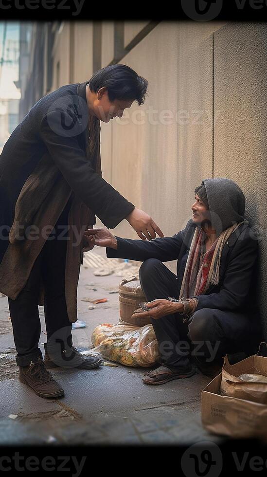 ai generativ großzügig Geschäftsmann gibt Geld zu ein obdachlos foto