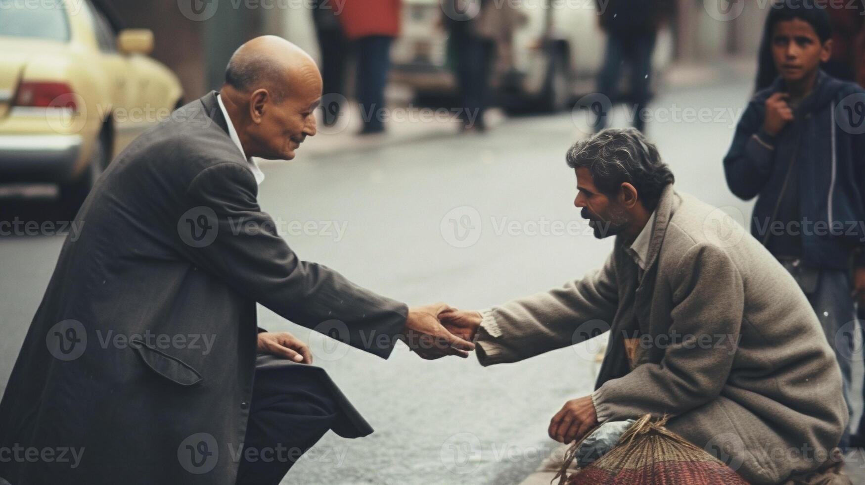 ai generativ großzügig Geschäftsmann gibt Geld zu ein obdachlos foto