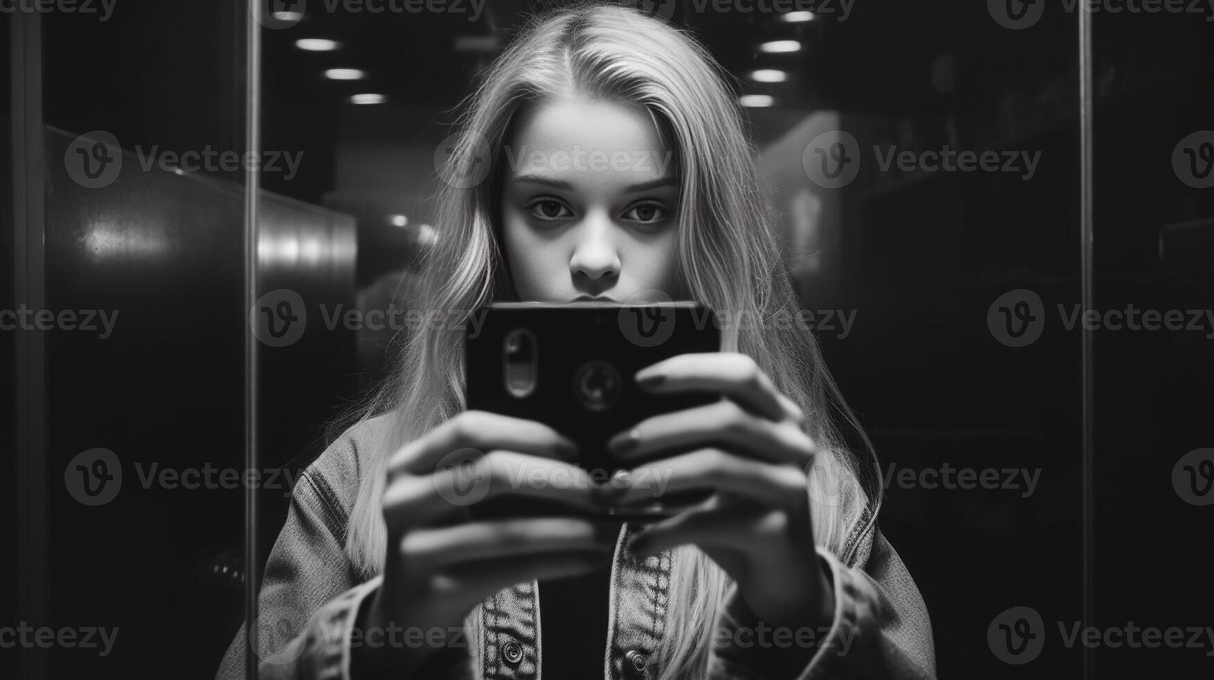 ai generativ Mädchen nehmen Foto mit ihr Reflex schwarz und Weiß Fotografie