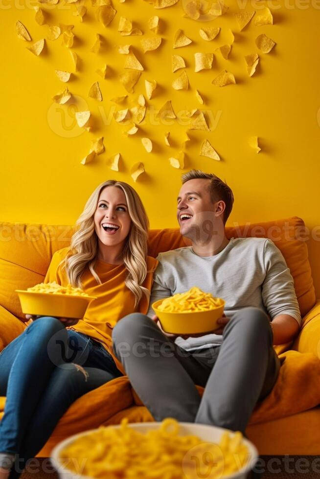 ai generativ glücklich schön Paar Aufpassen Fernseher und Essen Pop Mais beim Zuhause Sitzung auf das Sofa foto