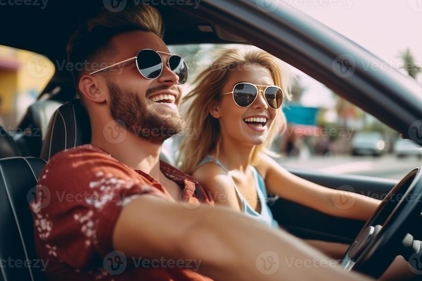 ai generativ glücklich Paar Fahren auf Stadt Straße im Cabrio Auto freunde Miete Cabrio Auto auf Ferien Ausflug Freiheit Reise und Transport Vermietung Bedienung Konzept foto