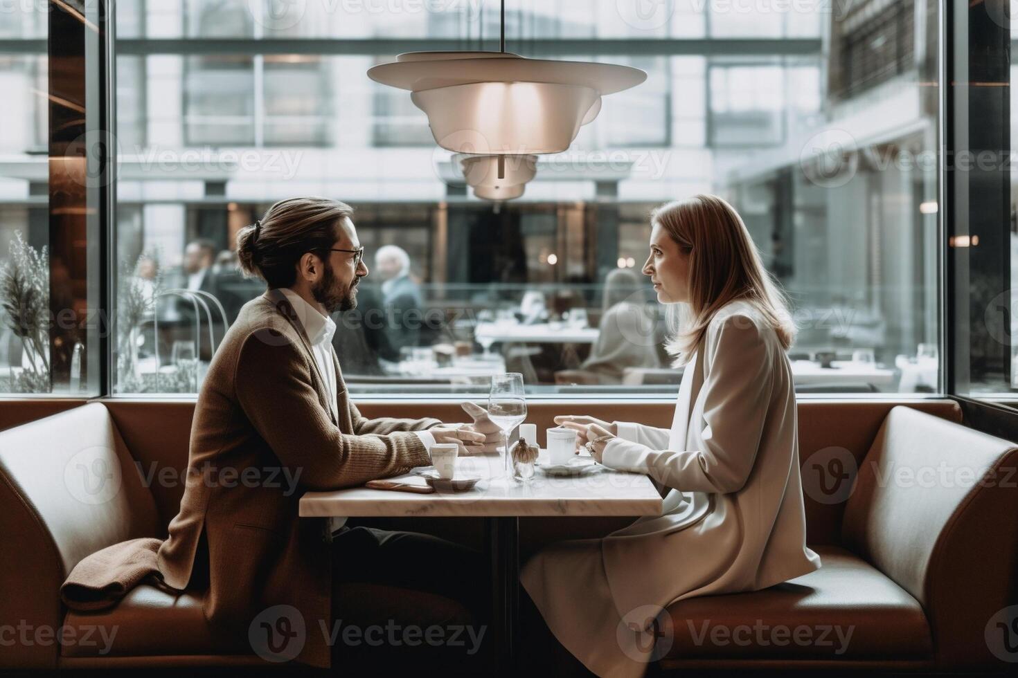 ai generativ glücklich Paar genießen Frühstück Trinken Kaffee beim Bar Cafeteria Leben Stil Konzept mit Kerl und Mädchen im Liebe haben Datum Moment Sitzung beim Restaurant im das Stadt Center foto