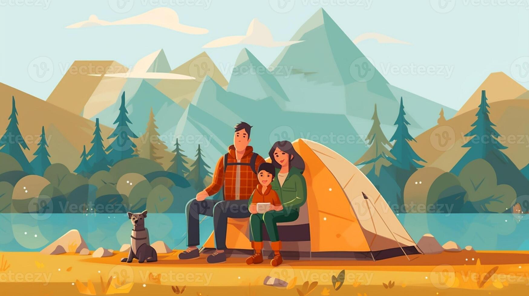 ai generativ glücklich Familie Camping im das Wald nehmen Selfie Porträt zusammen Mutter Vater und Sohn haben Spaß Trekking im das Natur Sitzung im Vorderseite von das Zelt Familie Natur und Trekking foto