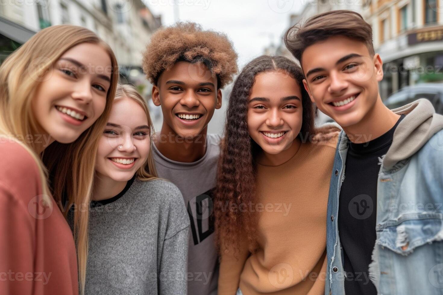 ai generativ glücklich freunde haben Spaß im das Stadt lächelnd beim Kamera Porträt von gemischtrassig jung Jugendliche gehen zu Schule foto