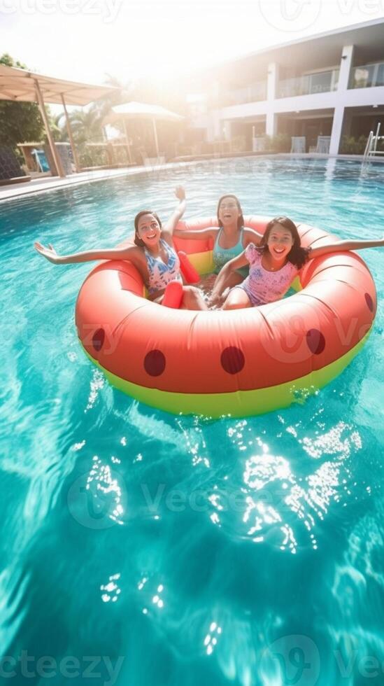 ai generativ glücklich Gruppe von freunde genießen Schwimmen Schwimmbad Party beim das Resort halten Schlauchboote jung Menschen exklusiv Urlaub mit Waffen oben im das Hotel foto