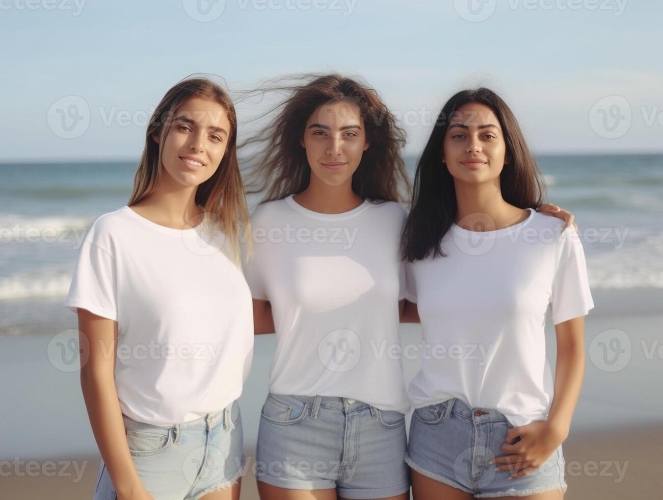 ai generativ glücklich drei Frauen haben Spaß Gehen auf das Strand jung Menschen beim Urlaub Ferien beim Sommer- genießen Freiheit foto