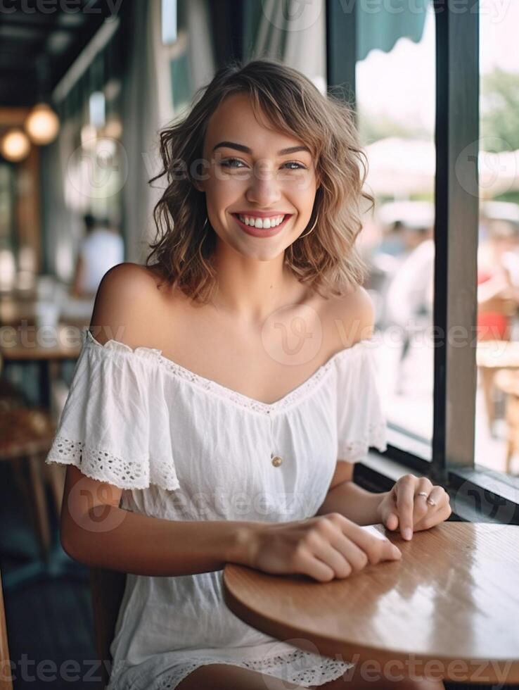 ai generativ glücklich Frau lächelnd beim das Kamera haben Spaß mit freunde draussen beim das Restaurant foto