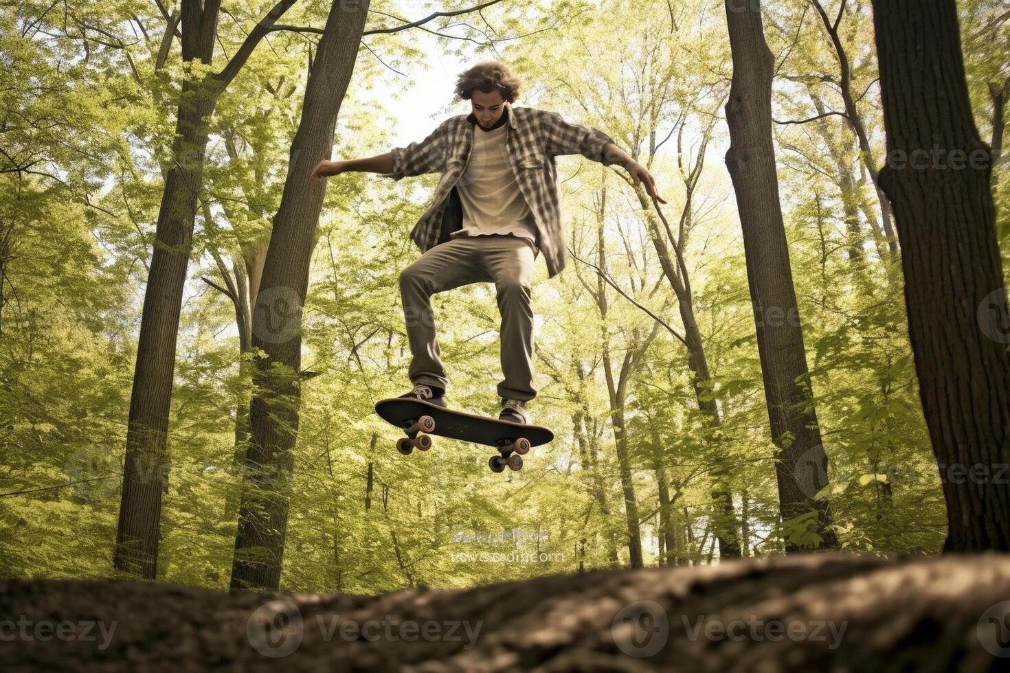 ai generativ Wanderer ist Gehen auf ein Kofferraum von ein Baum im das Wald er ist behalten im Balance foto