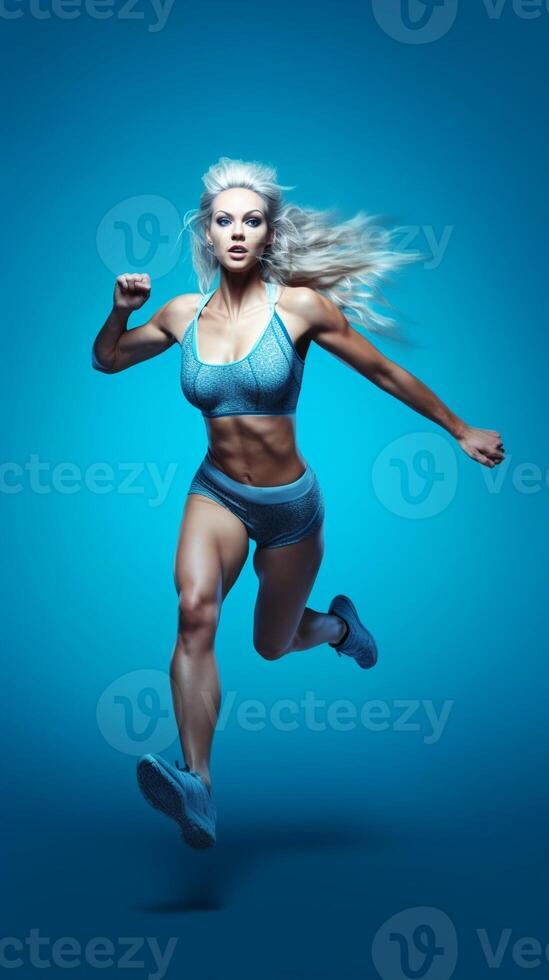 ai generativ isoliert glücklich sportlich jung Frau auf ein Blau Hintergrund foto