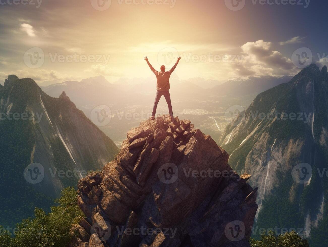 ai generativ Mann Stehen auf Kante von Berg Gefühl siegreich mit Waffen oben im das Luft Wanderer Triumph Erfolg auf das oben von das Cliff Erfolg Leben Tore Leistung Konzept foto