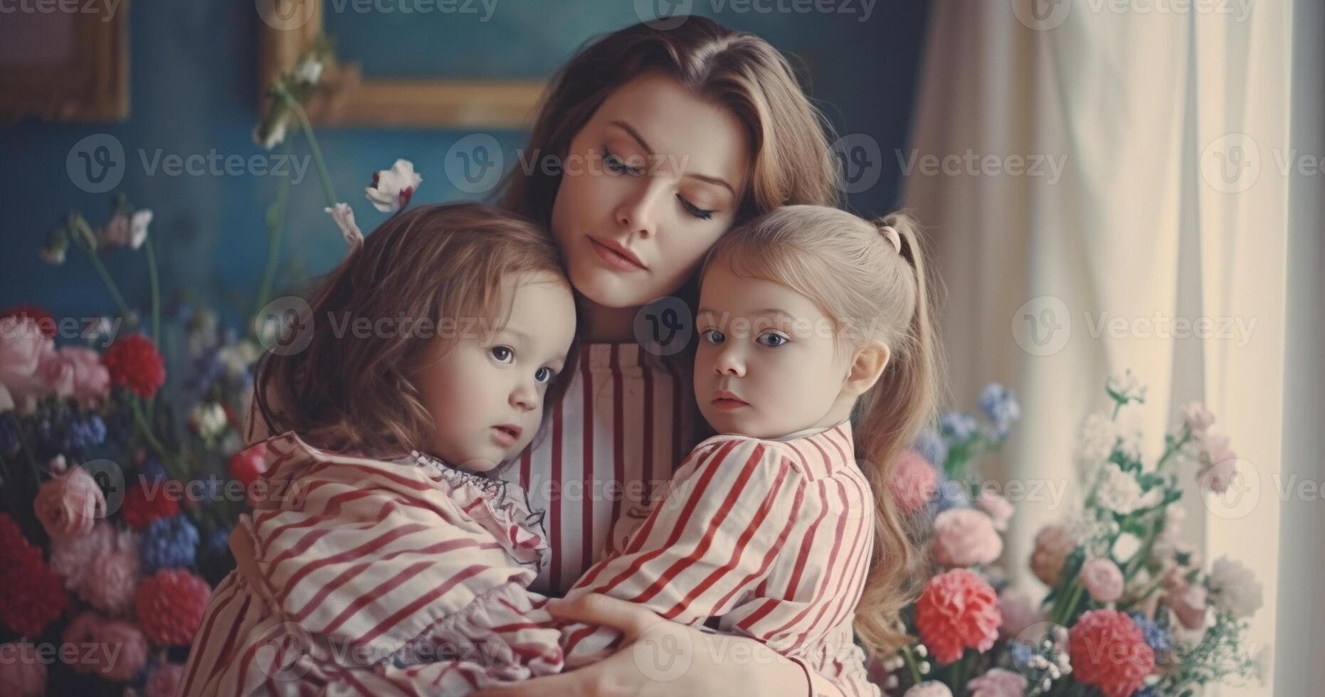 ai generativ Mutter Tag Konzept Liebe von Mutter und Töchter froh Mama ist halten nett Blumen und ist Empfang Kuss von ihr zwei Töchter Jahrgang Filter foto