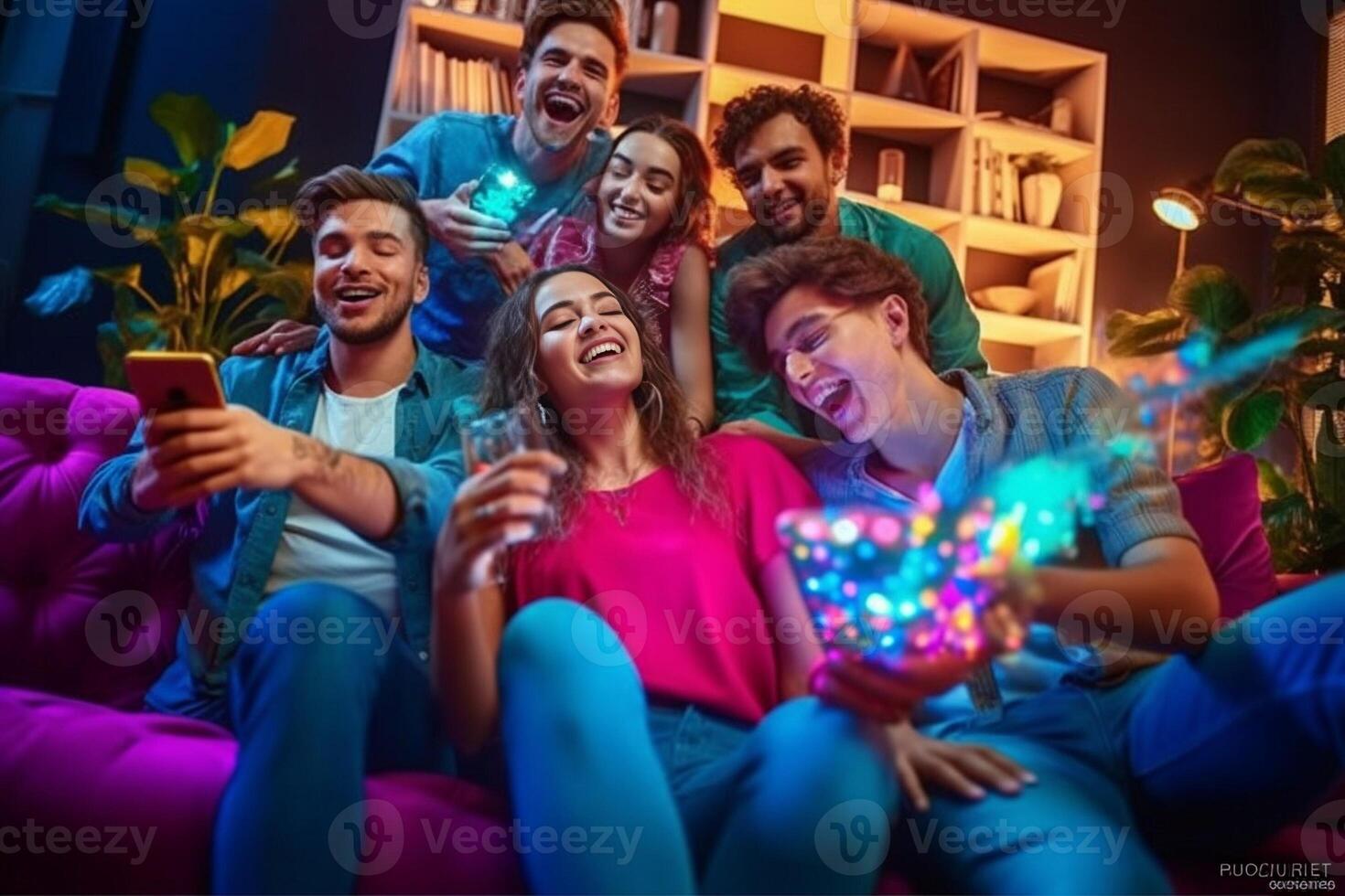 ai generativ multi ethnisch freunde Gruppe Toasten Cocktails glücklich jung Menschen haben Spaß feiern Innen- Party zusammen multikulturell Studenten hängend aus Samstag Nacht Jugend und freunde foto