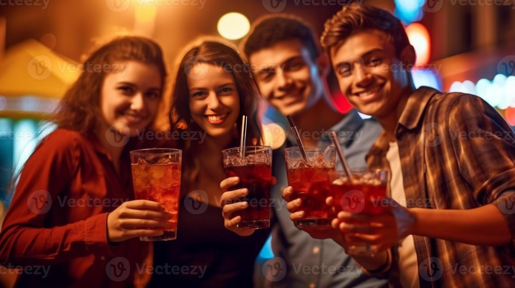 ai generativ multi ethnisch freunde Gruppe Toasten Cocktails glücklich jung Menschen haben Spaß feiern Innen- Party zusammen multikulturell Studenten hängend aus Samstag Nacht Jugend und freunde foto