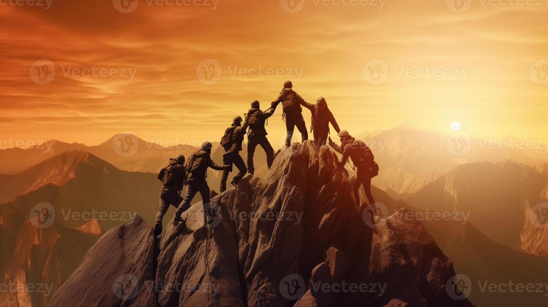 ai generativ Menschen Portion jeder andere Wanderung oben ein Berg beim Sonnenaufgang geben Portion Hand und Zusammenarbeit Konzept foto