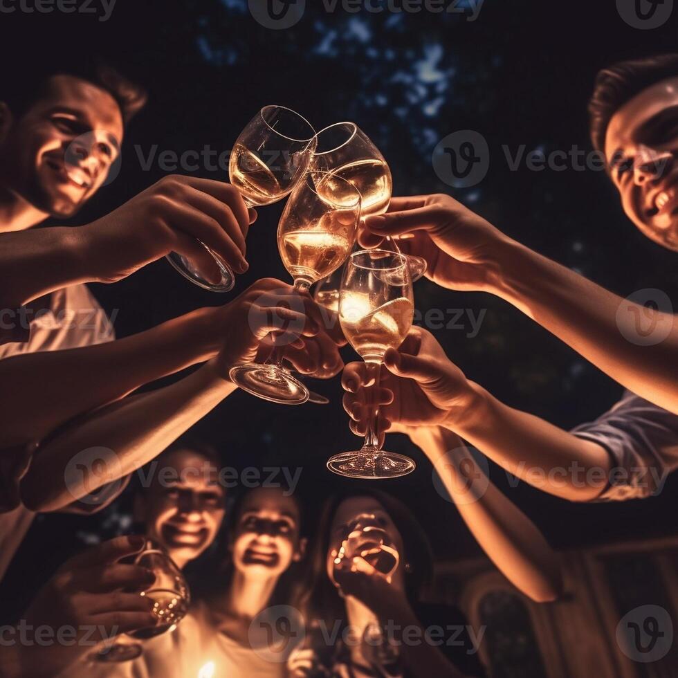 ai generativ Menschen halten Brille Toasten beim Nacht Cocktail Bar glücklich freunde haben Spaß zusammen draußen foto