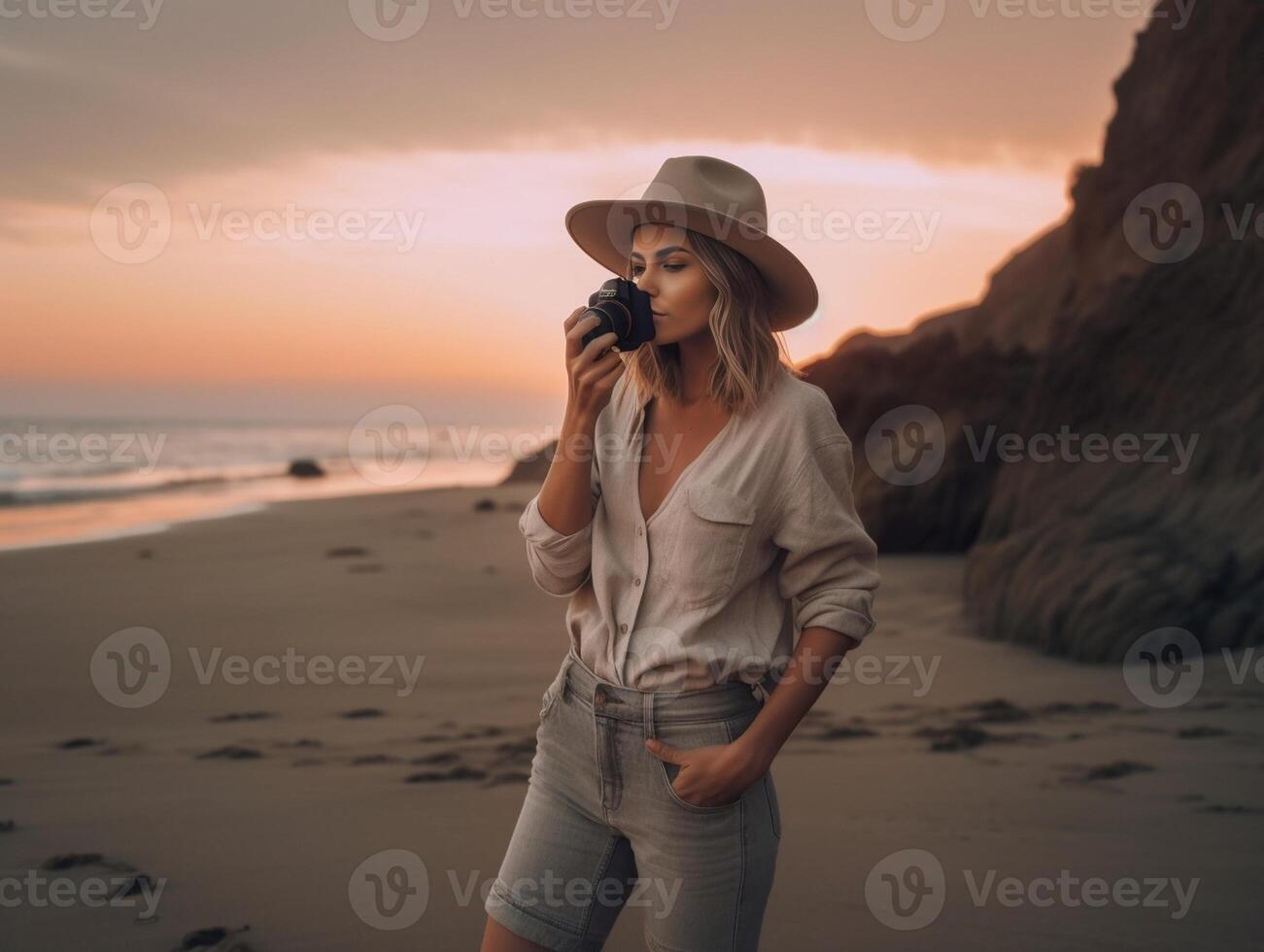 ai generativ Fotograf nimmt ein Bild während Sonnenaufgang beim das Strand Lebensstil Konzept foto