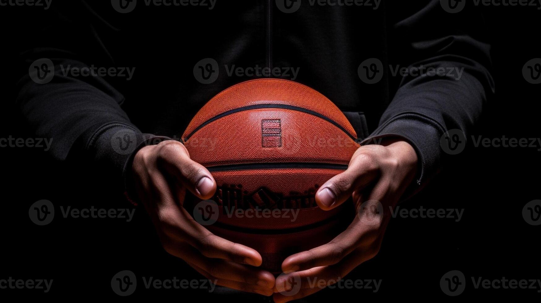 ai generativ Porträt von ein Basketball Spieler halten Ball mit Hände Athlet Konzentration auf Spiel selektiv Fokus auf das Ball foto