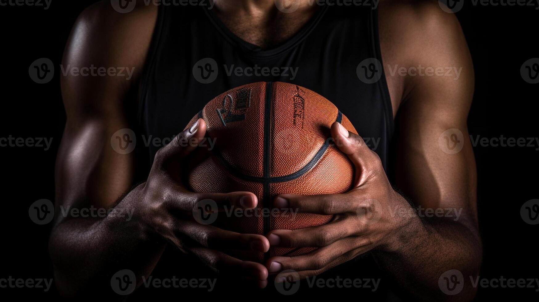 ai generativ Porträt von ein Basketball Spieler halten Ball mit Hände Athlet Konzentration auf Spiel selektiv Fokus auf das Ball foto