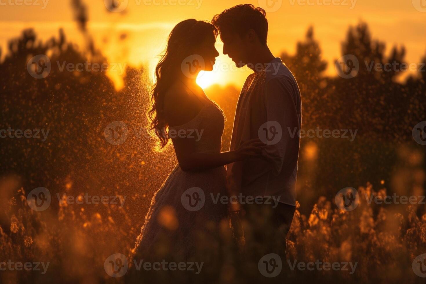 ai generativ romantisch Paar im Liebe sind küssen beim Sonnenuntergang draussen Fokus auf das Mann foto