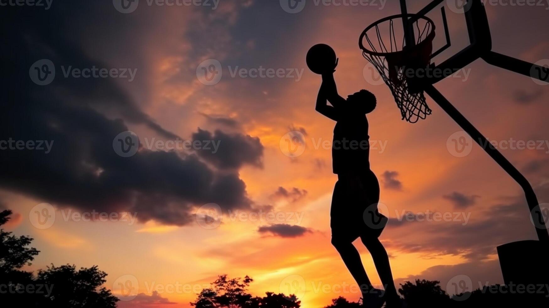 ai generativ Straße Basketball Spieler Herstellung ein mächtig zuschlagen Dunk auf das Gericht sportlich männlich Ausbildung draussen beim Sonnenuntergang Sport und Wettbewerb Konzept foto