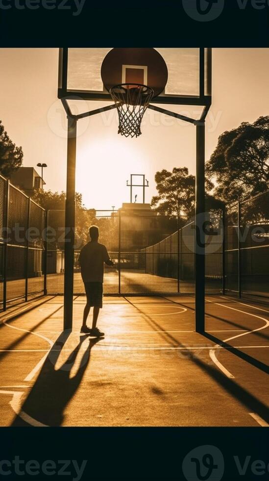 ai generativ Straße Basketball Spieler Herstellung ein mächtig zuschlagen Dunk auf das Gericht sportlich männlich Ausbildung draussen beim Sonnenuntergang Sport und Wettbewerb Konzept foto