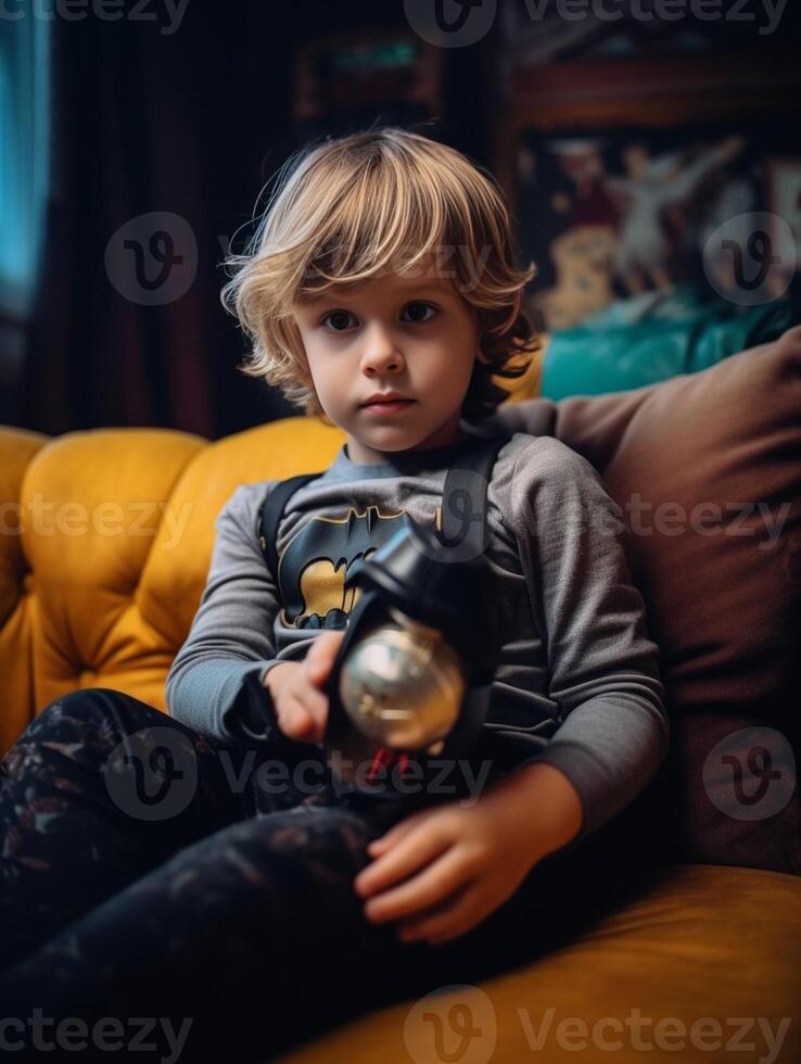 ai generativ Superheld Kind spielen Video Spiel mit Joystick Sitzung auf das Couch beim Zuhause Kinder Spielen und Technologie Konzept foto