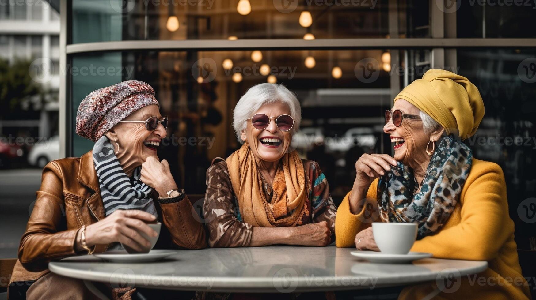 ai generativ drei Senior Frauen genießen Frühstück Trinken Kaffee beim Bar Cafeteria Leben Stil Konzept mit reifen weiblich nehmen Selfie Bild mit Clever Handy, Mobiltelefon Telefon Gerät foto