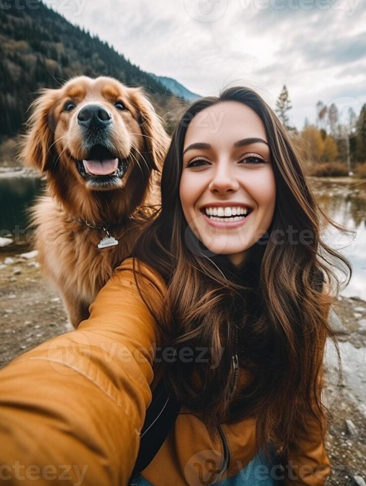 ai generativ jung attraktiv Mädchen nehmen ein Selfie mit ihr Hund foto