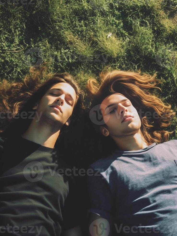 ai generativ jung kaukasisch Paar nehmen Selfie Lügen auf das Gras zwei freunde haben Spaß draussen lächelnd auf das Kamera Konzept Über Menschen Lebensstil und Technologie foto